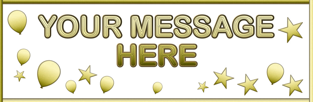 Personalised banner with metallic gold balloons and stars design.
