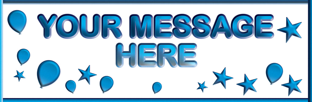 Personalised banner with blue balloons and star design.
