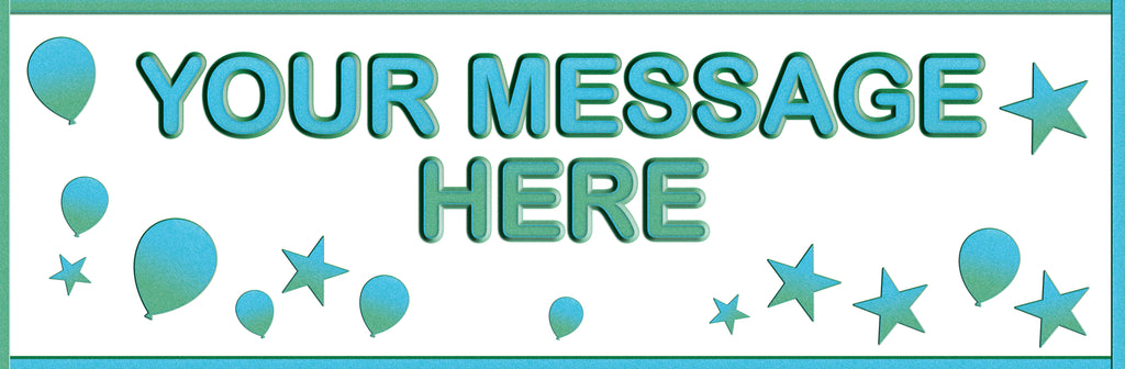 Personalised banner with green and teal coloured balloons and stars.