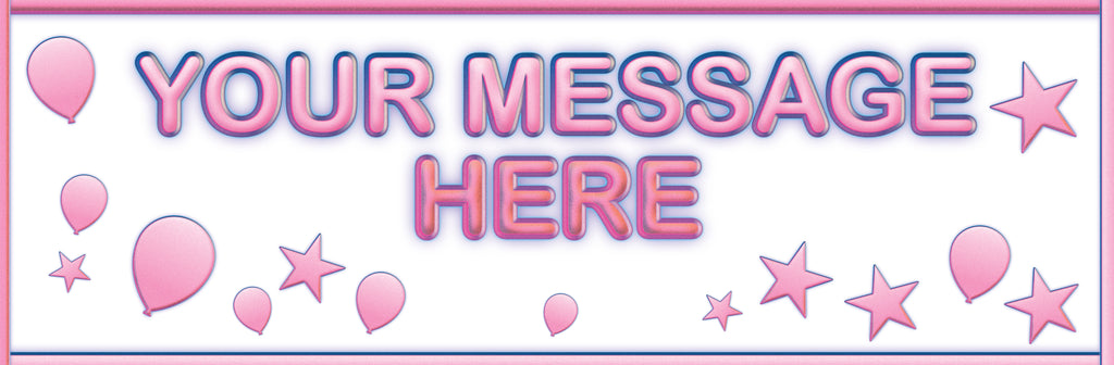 Personalised banner with metallic pink balloons and stars.