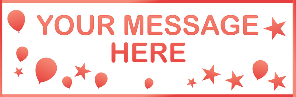 Personalised banner with salmon coloured balloons and stars.