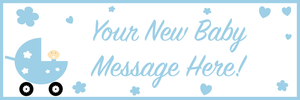 Blue new baby boy personalised banner.