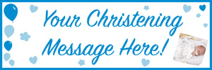 Blue and white christening banner with photo of baby boy.