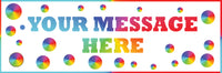 Personalise banner with multicolour dot design.