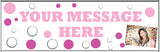 Pink and silver party banner with photo of smiling girl.