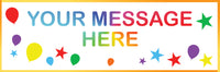Personalised banner with multicolour balloon and star design.