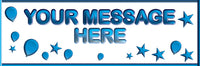 Personalised banner with blue balloons and star design.