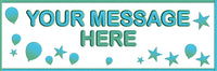 Personalised banner with green and teal coloured balloons and stars.