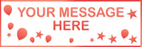 Personalised banner with salmon coloured balloons and stars.