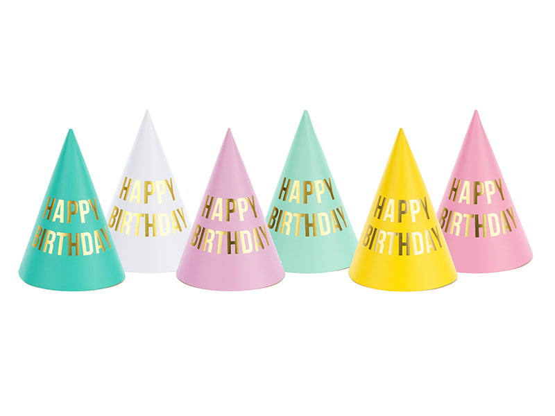Cone Party Hats (6)- Metallic Happy Birthday Print