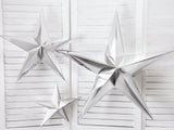 Different sized silver paper star decorations.