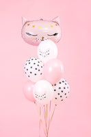 Bunch of balloons with cat shaped balloon in pink and white.