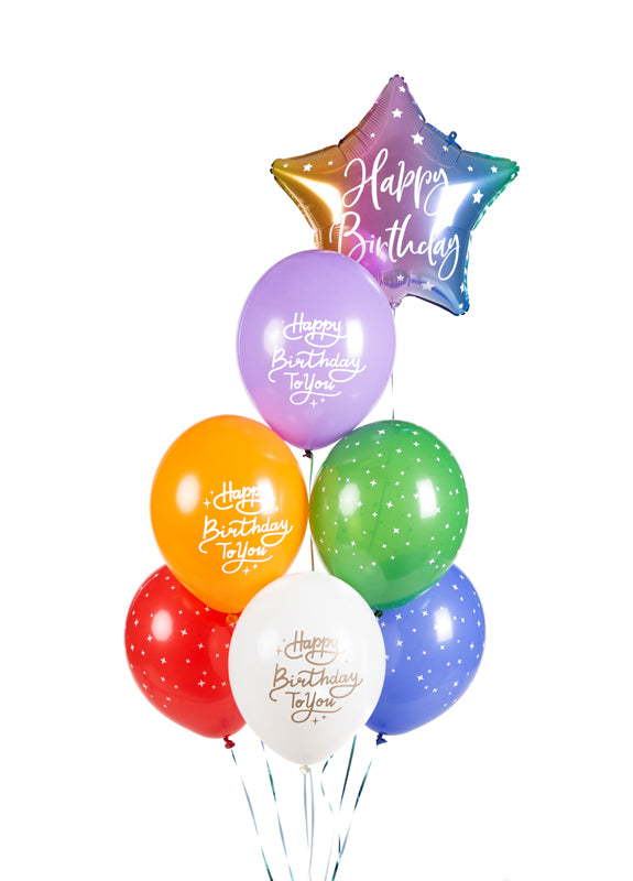 Bunch of multi colour happy birthday balloons.