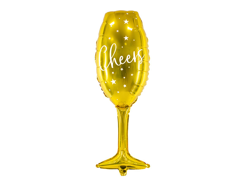 Gold champagne bottle balloon with cheers print.