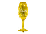 Gold champagne bottle balloon with cheers print.