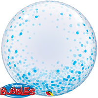 Clear balloon with blue confetti dots.