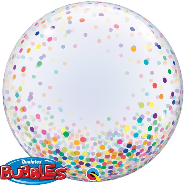 Clear balloon with colourful confetti dots.