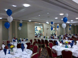 Blue and white balloon bouquets.
